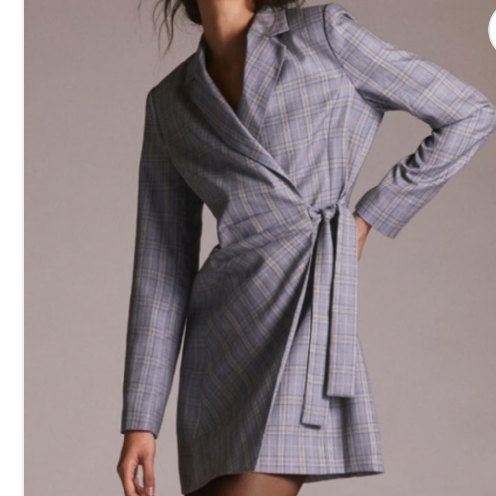 ANTHROPOLOGIE Current Air Blue Plaid Blazer Wrap Dress Medium